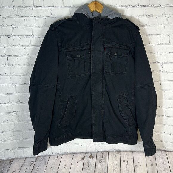 Levi's Size L Men's Military Trucker Sherpa Lined Removable Hood Black Jacket - Picture 3 of 12